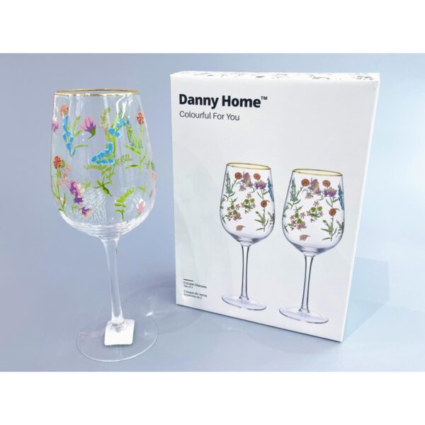 2 броя стъклени Чаши за  вино с Флорален Дизайн, Danny Home, 22 х 6 х 8 см, 450мл