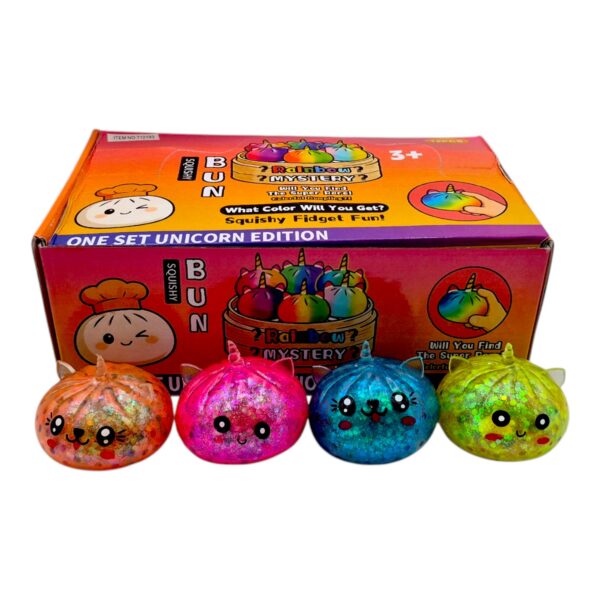 С брокат,12 броя в кутия, Гумена играчка за мачкане, Squishy Bun Dumpling( анти-стрес играчка) 10 х 5 см