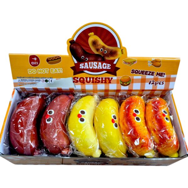 Гумена играчка за мачкане, наденица/хот-дог с анимационни лица („Sausage Squishy“) (  анти-стрес играчка) 17 х 6 см, 12 броя в стек