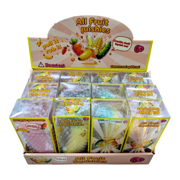 Гумена играчка за мачкане, Crispи squishy във формата на плодове и зеленчуци ( сензорна и анти-стрес играчка) 16 х 6 х 4 см, 12 броя в стек